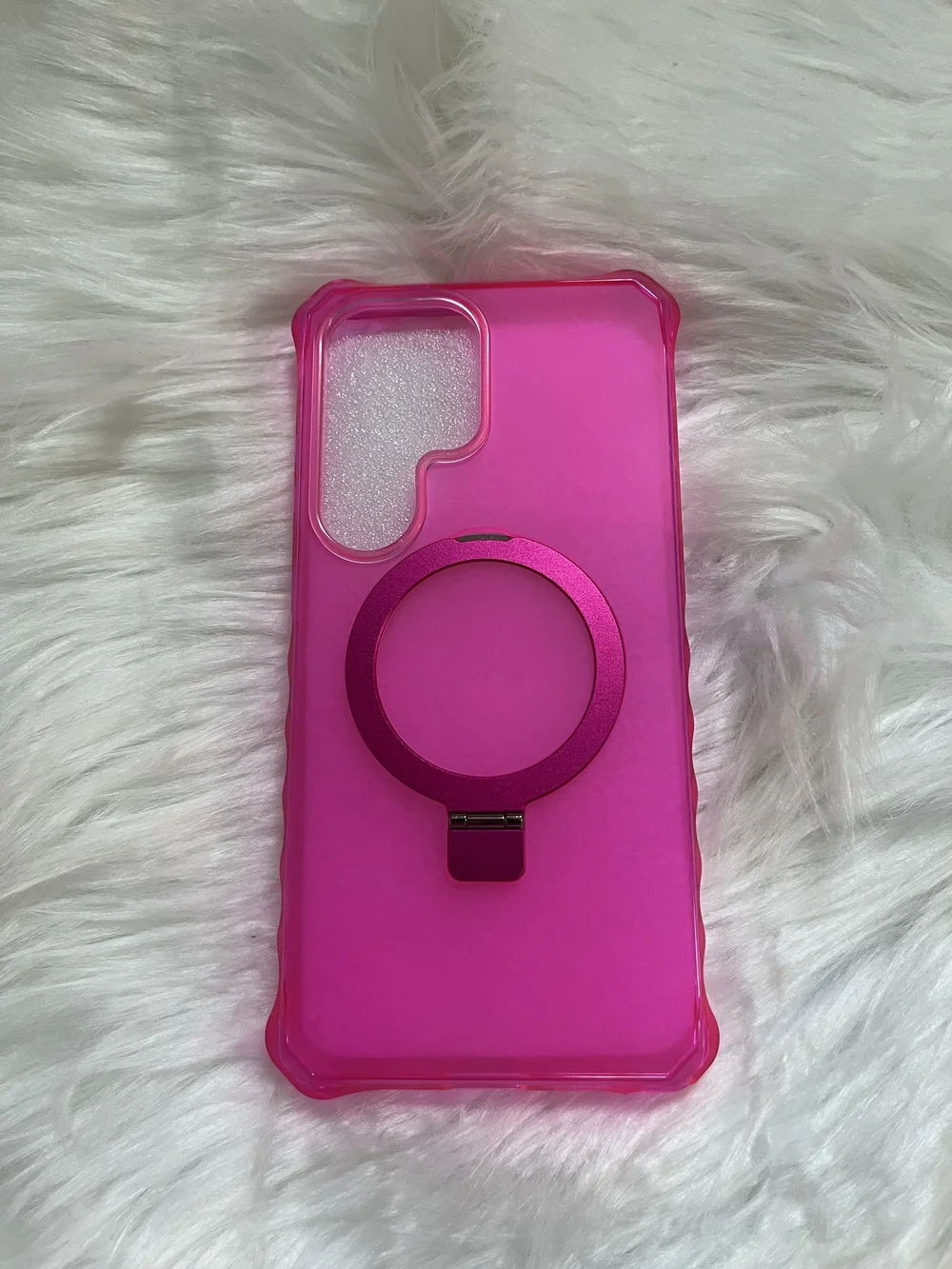Hot Pink Phone Case with Metal Ring Stand - Fits Galaxy S25 Ultra Phone